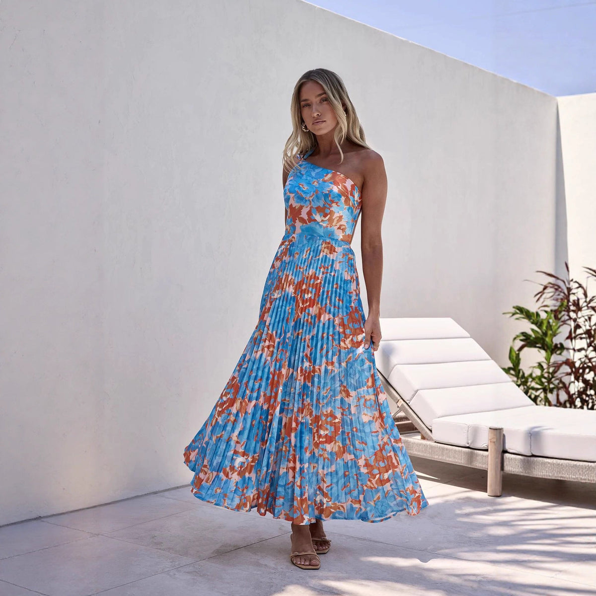 Halter Pleated Floral Wedding Guest Maxi Dress for Women