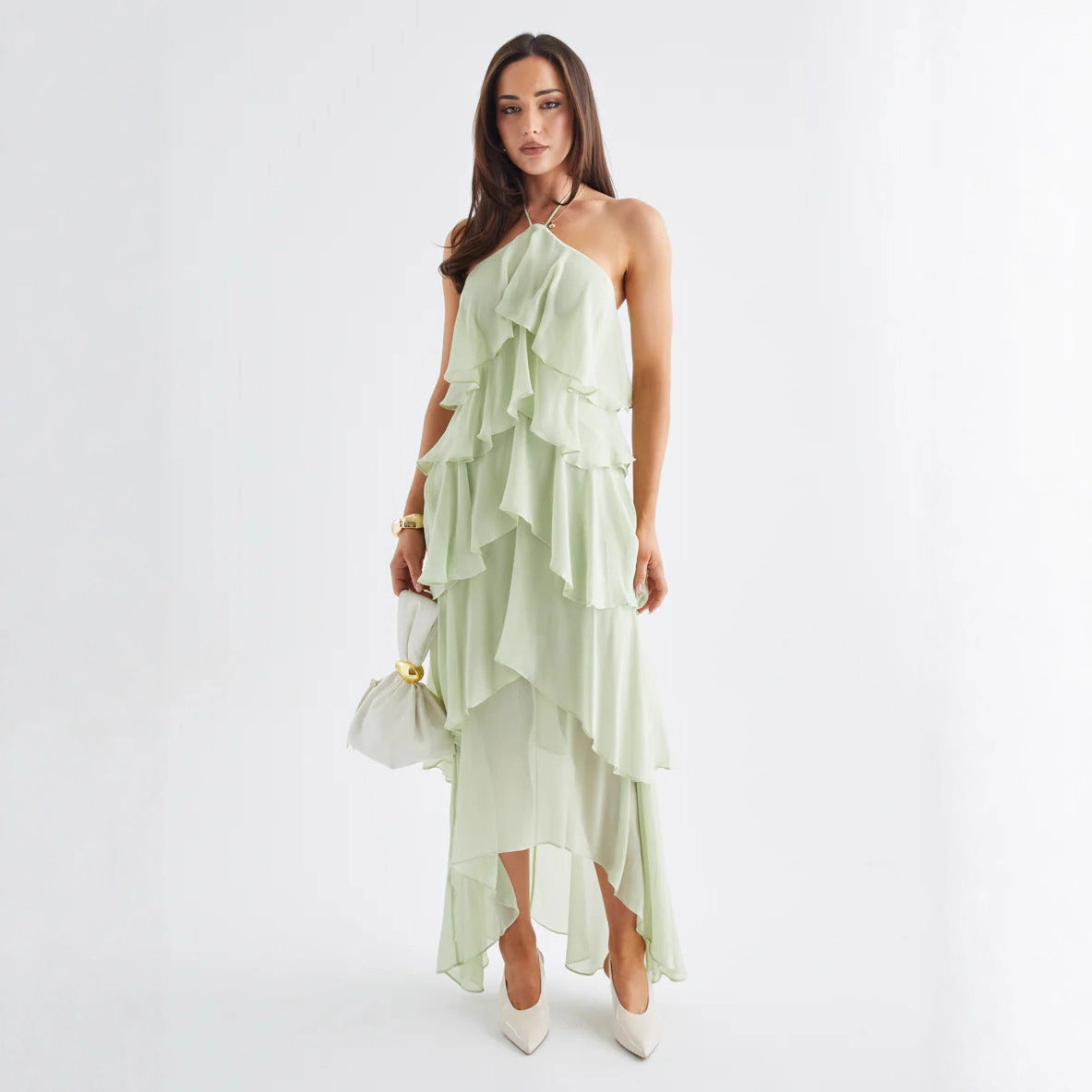 Halterneck Ruffle Maxi Dress Wedding Guest for Women