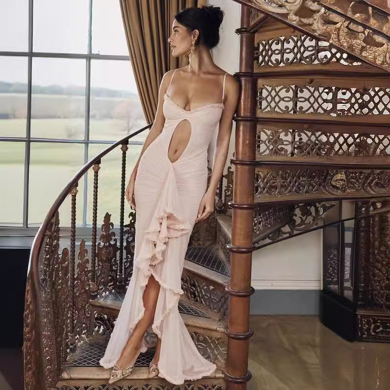 V-Neck Wedding Guest Maxi Dress with Ruffle Hem for Women