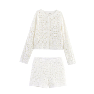 Cropped Crew Neck Crochet Co-Ord Shorts Set for Women