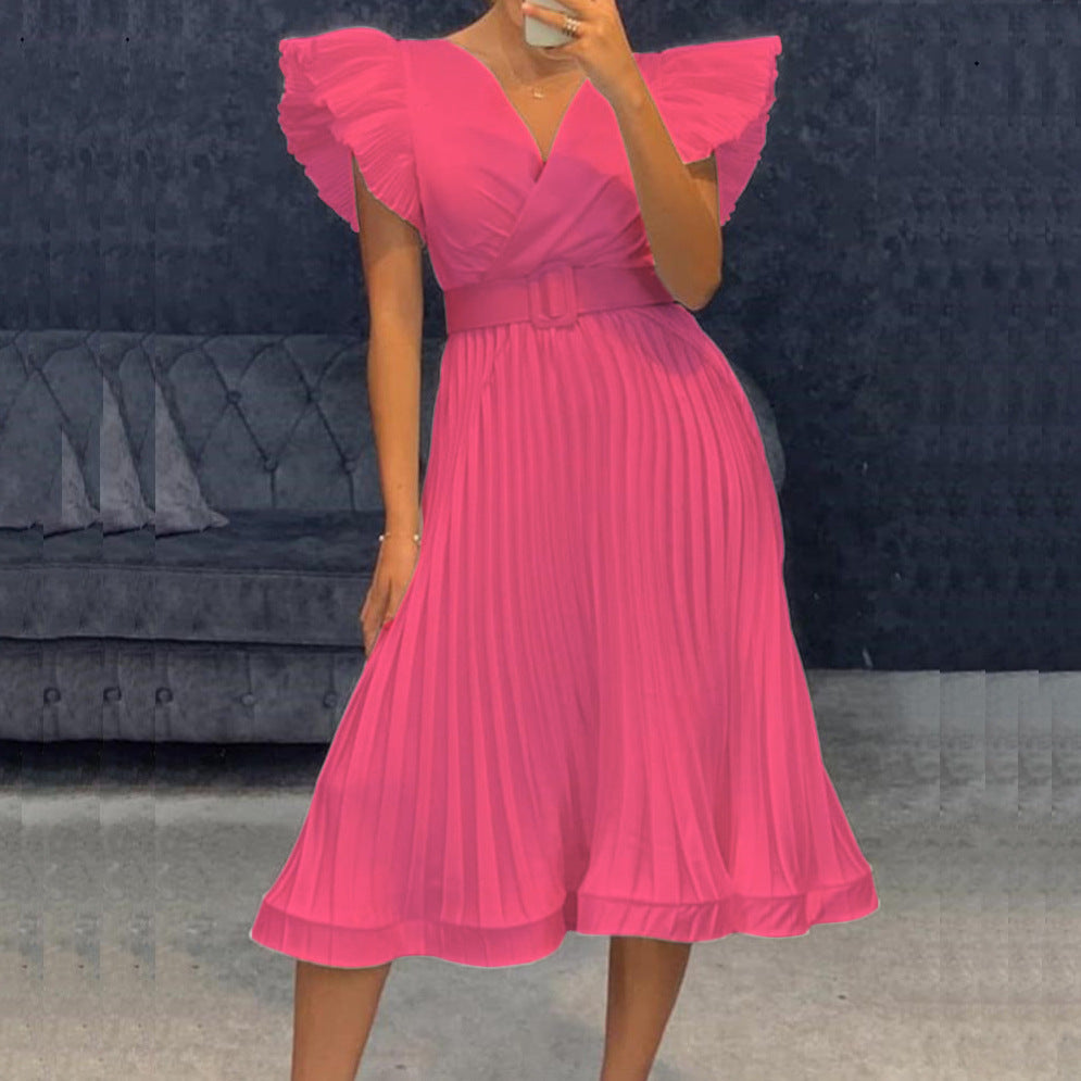 Pleated Belted Wrap Wedding Guest Midi Dress for Women