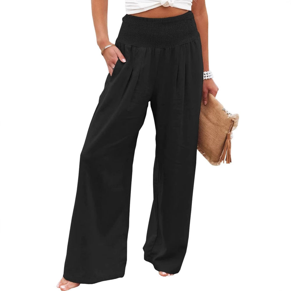 Wide Leg Pleated Linen Trousers with Elastic Waistband for Women