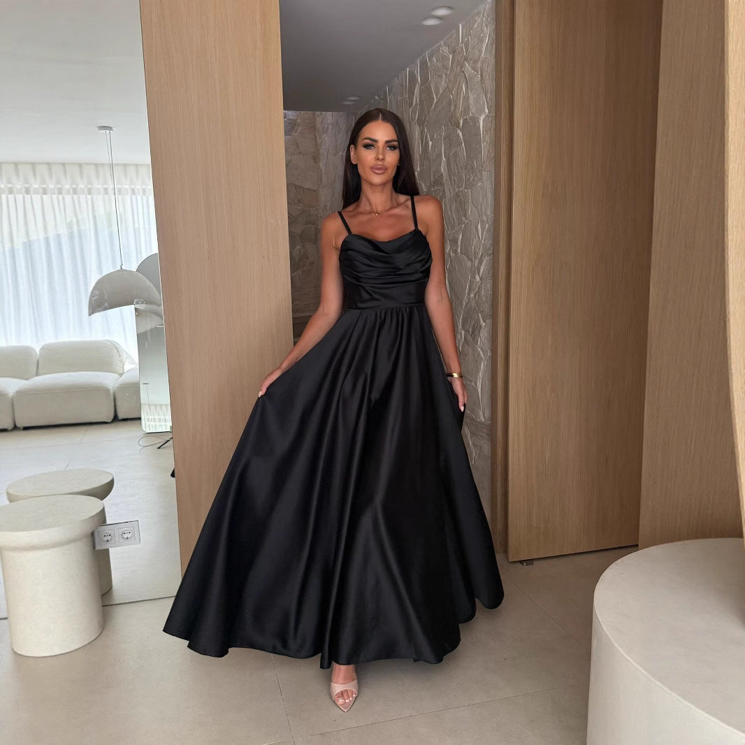 Cowl Neck Pleated Satin Wedding Guest Maxi Dress for Women