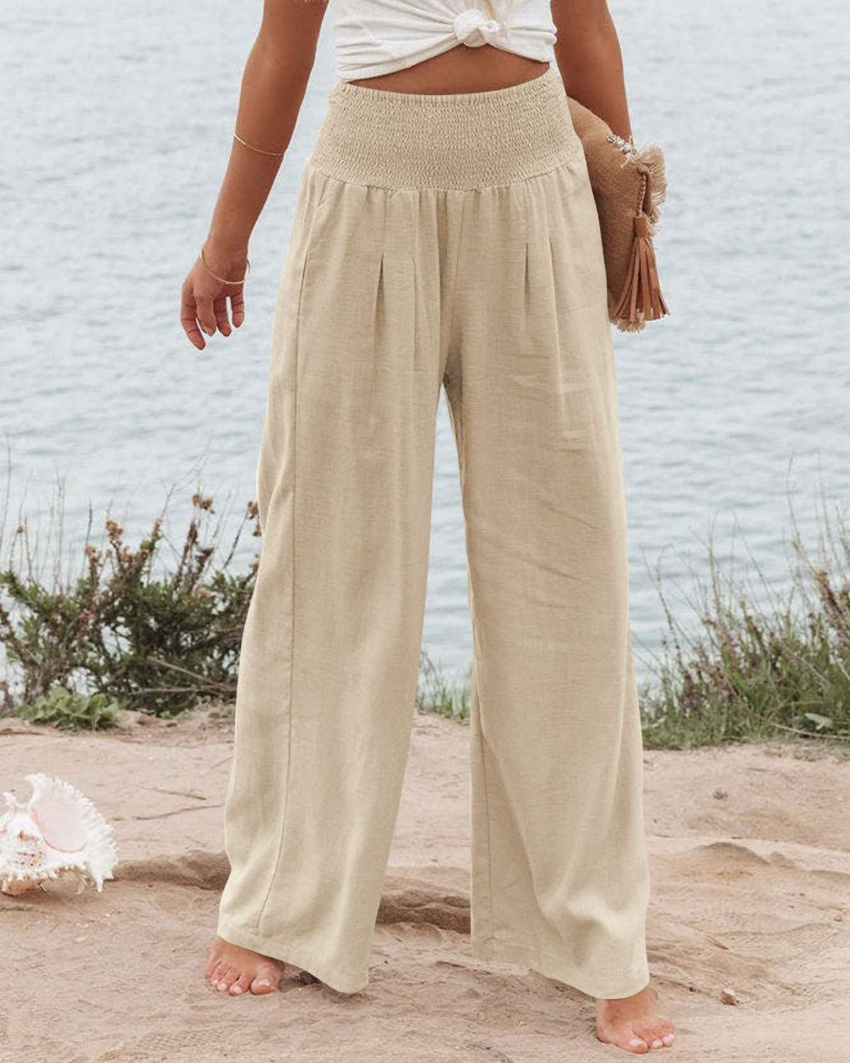 Wide Leg Pleated Linen Trousers with Elastic Waistband for Women