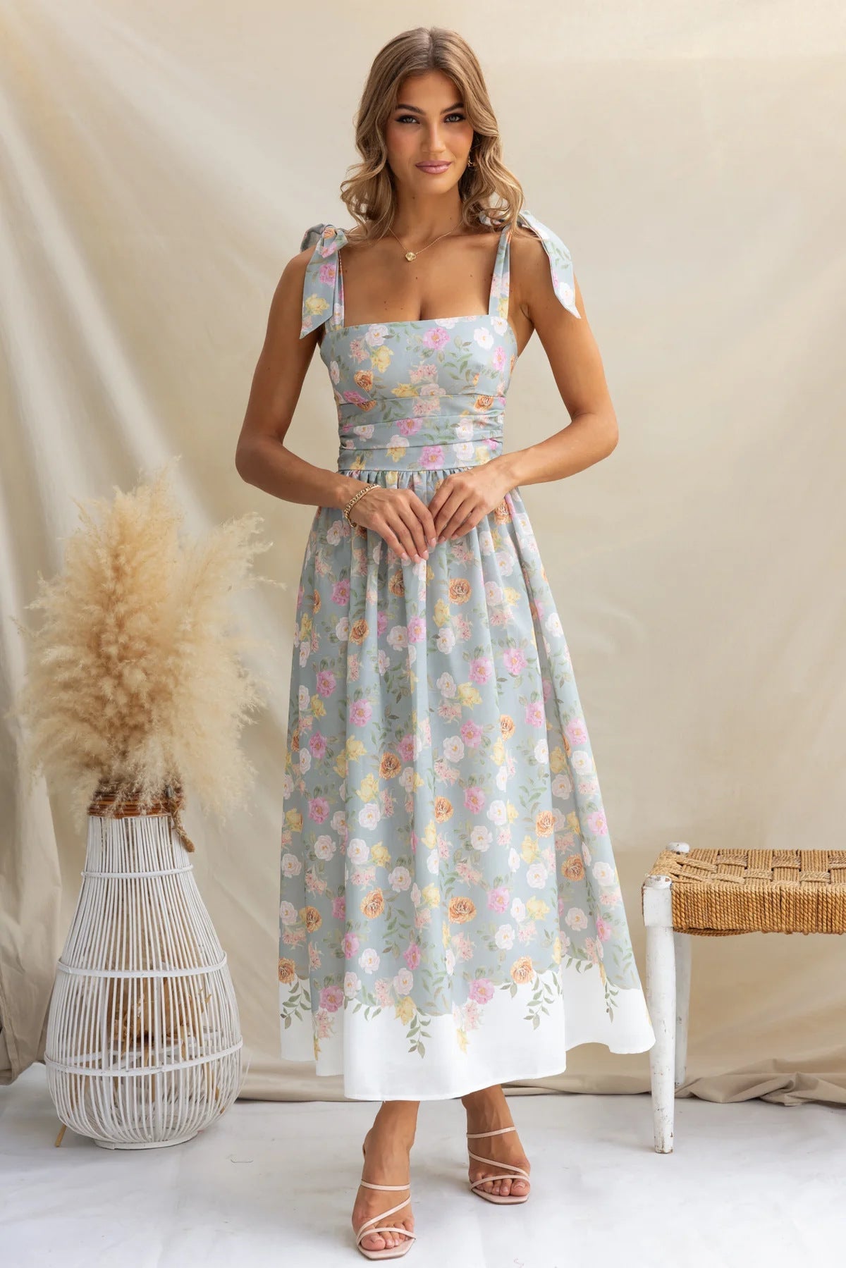 Tie-Shoulder Wedding Guest Floral Maxi Dress for Women