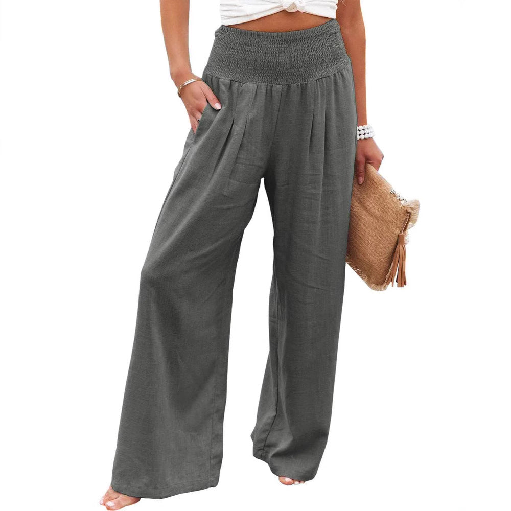 Wide Leg Pleated Linen Trousers with Elastic Waistband for Women