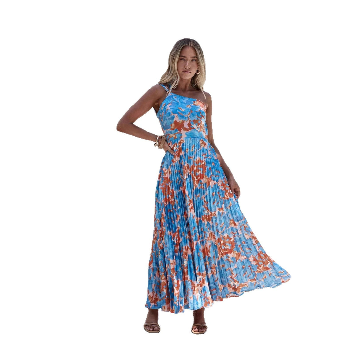 Halter Pleated Floral Wedding Guest Maxi Dress for Women