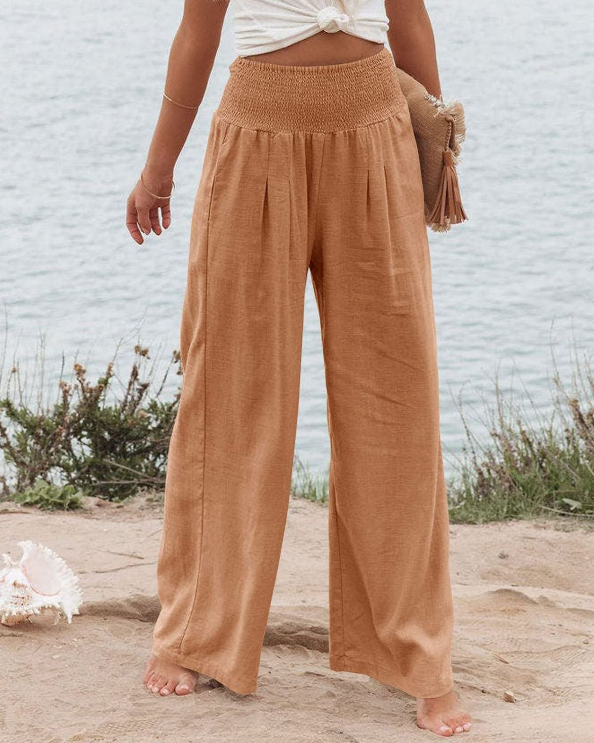 Wide Leg Pleated Linen Trousers with Elastic Waistband for Women