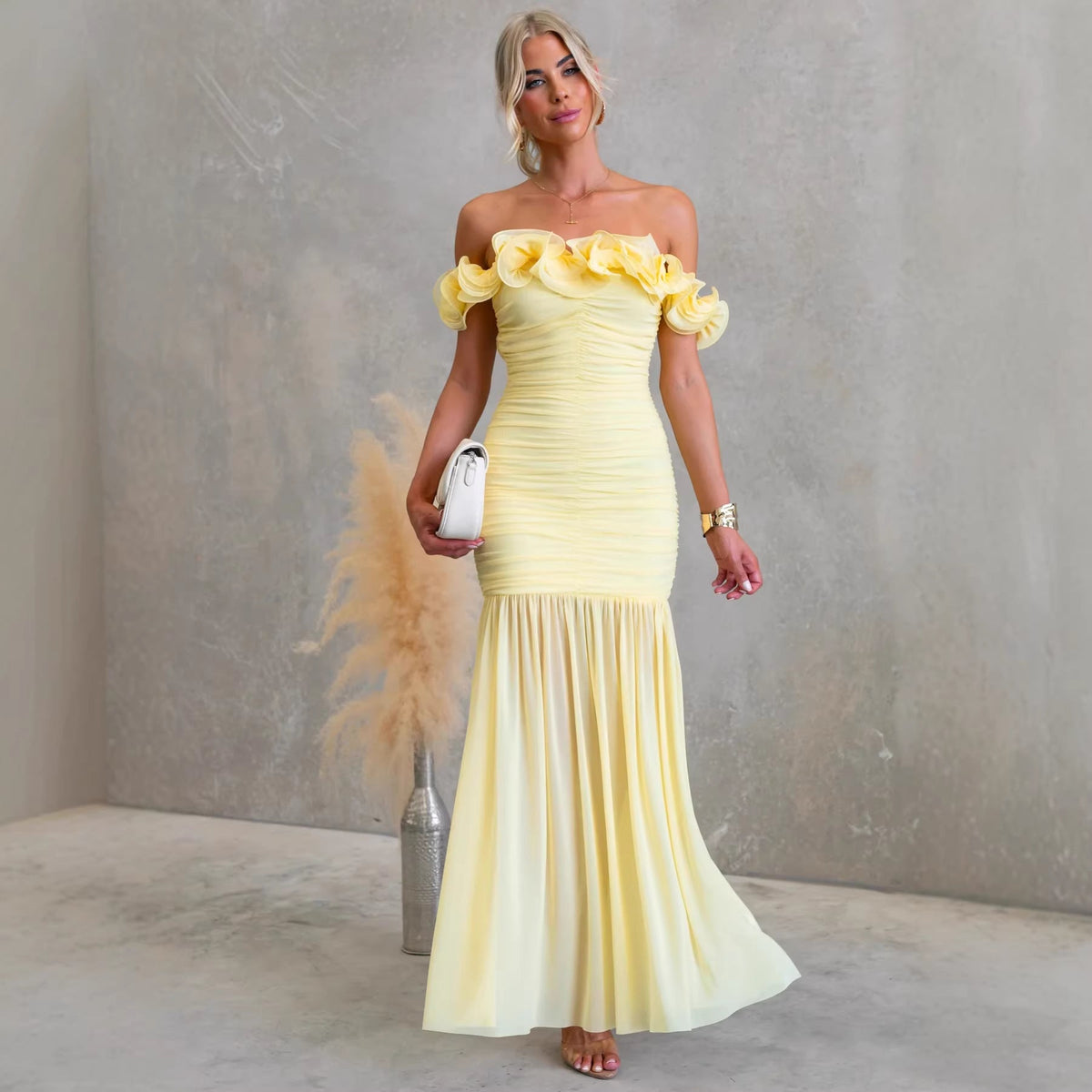Off-Shoulder Wedding Guest Maxi Dress with Ruffle Details for Women