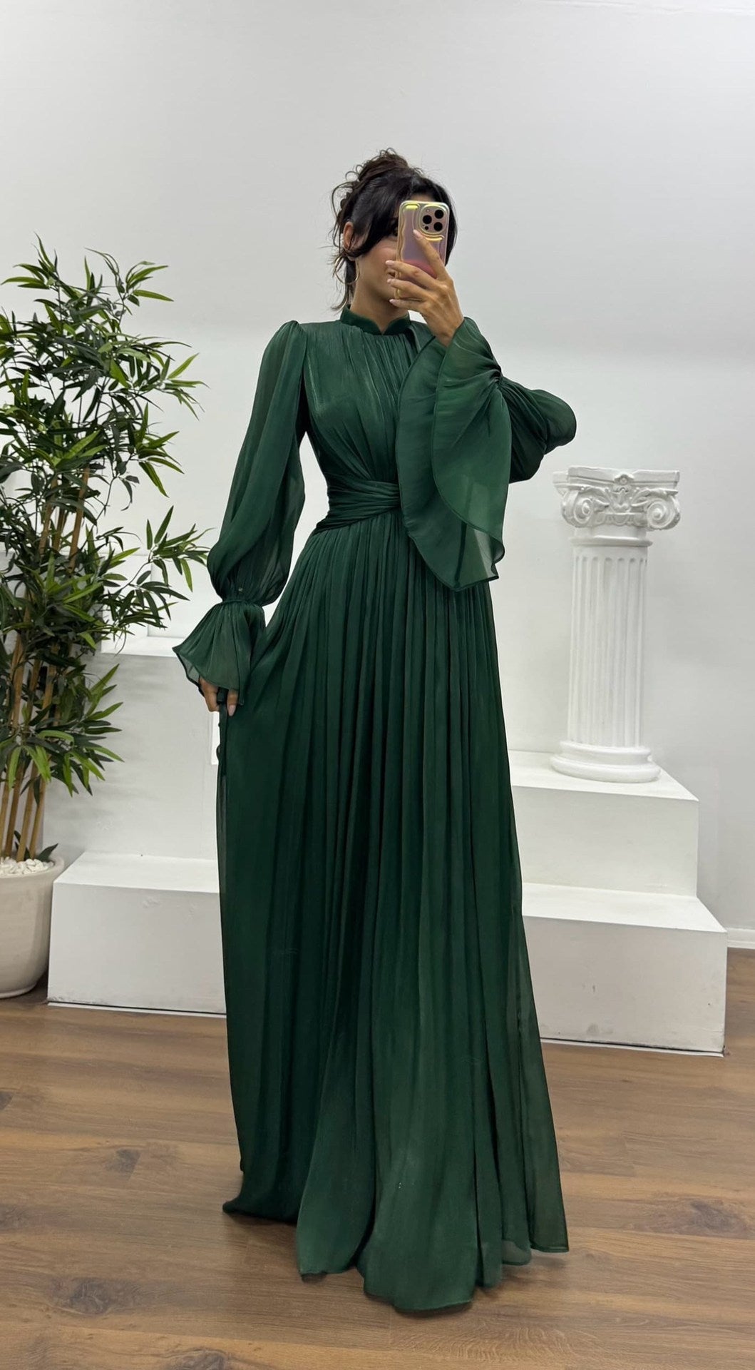Pleated Long Sleeve Wedding Guest Maxi Dress for Women