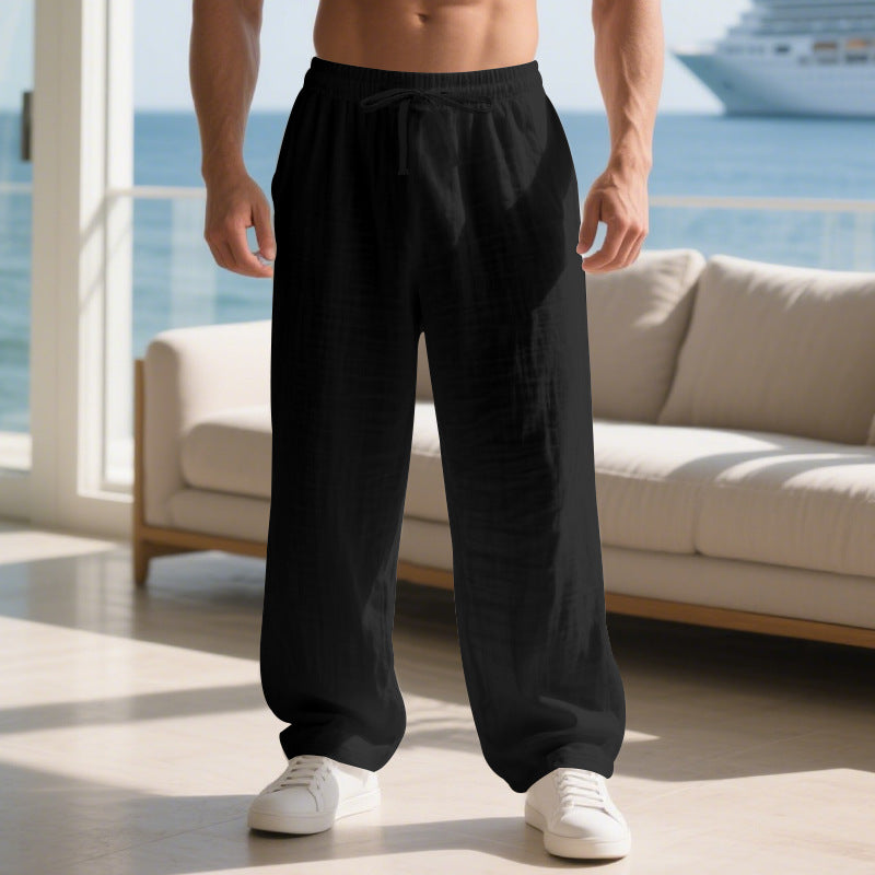 Straight Leg Linen Trousers with Side Pockets for Men