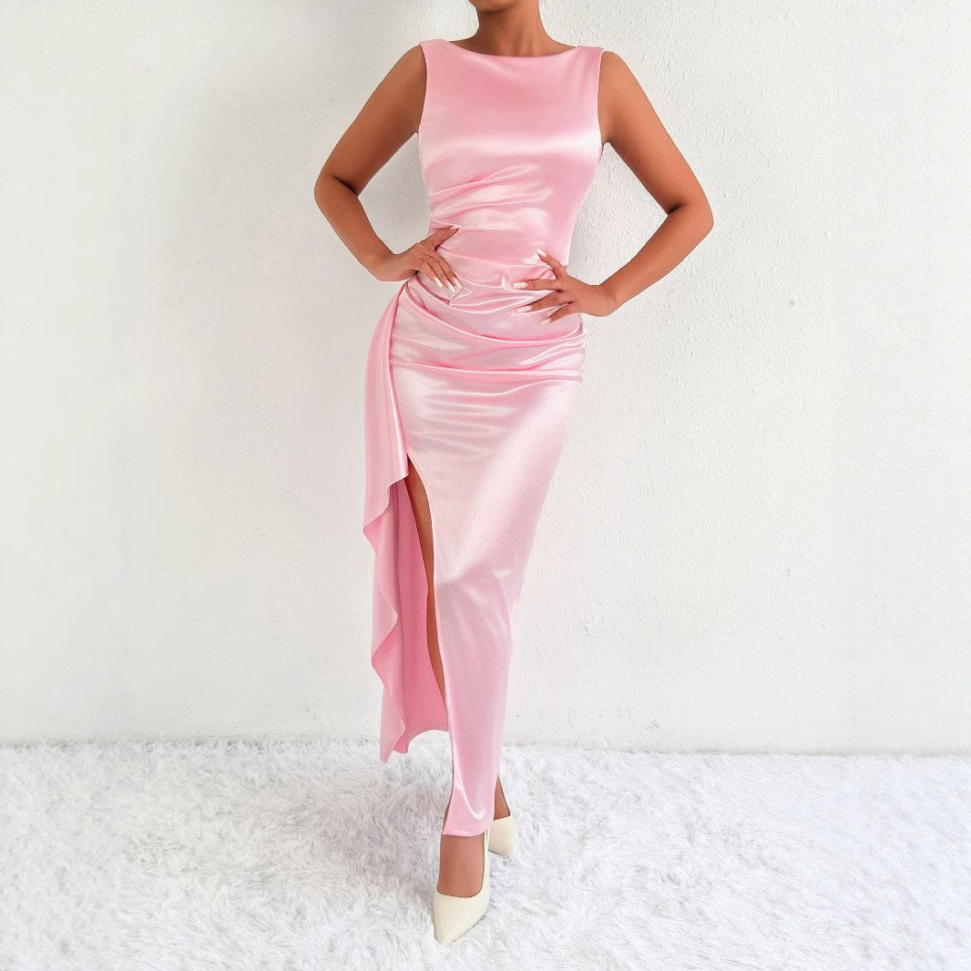 Satin Wedding Guest Maxi Dress with Asymmetric Hem and Side Slit for Women