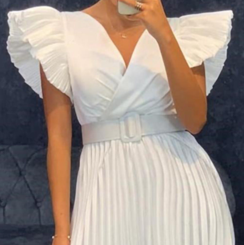 Pleated Belted Wrap Wedding Guest Midi Dress for Women