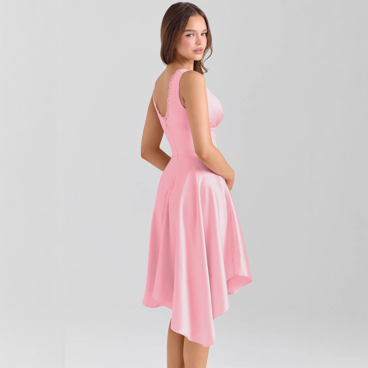 V-Neck Wedding Guest Asymmetrical Midi Dress for Women