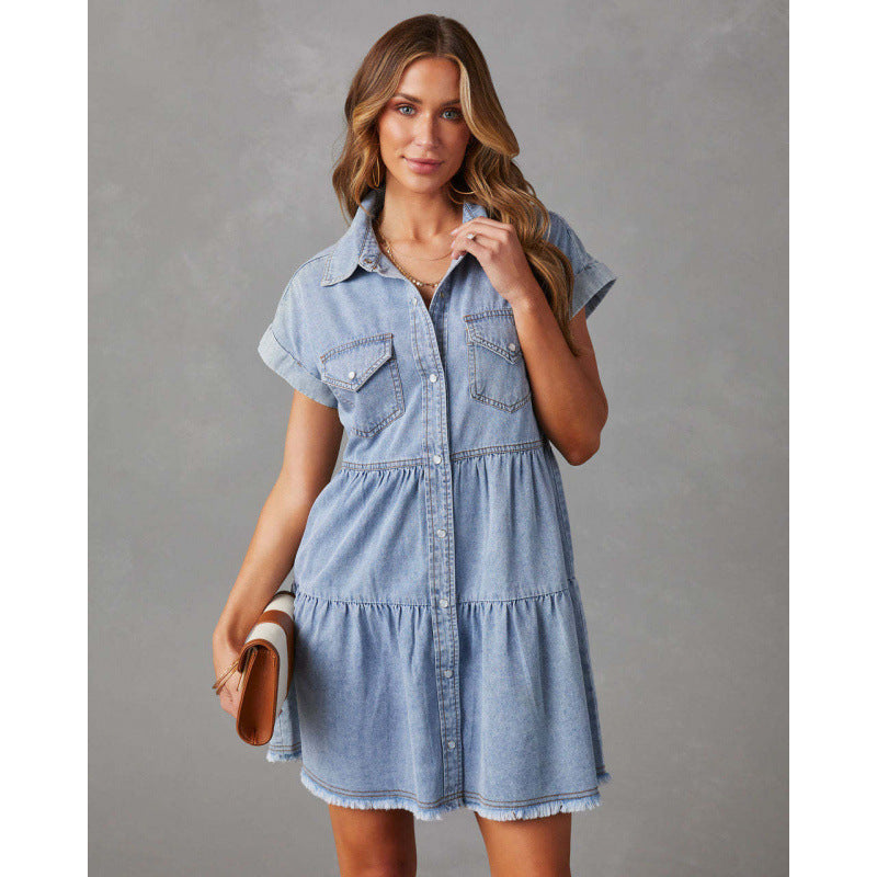 Button-Down A-Line Denim Shirt Dress for Women