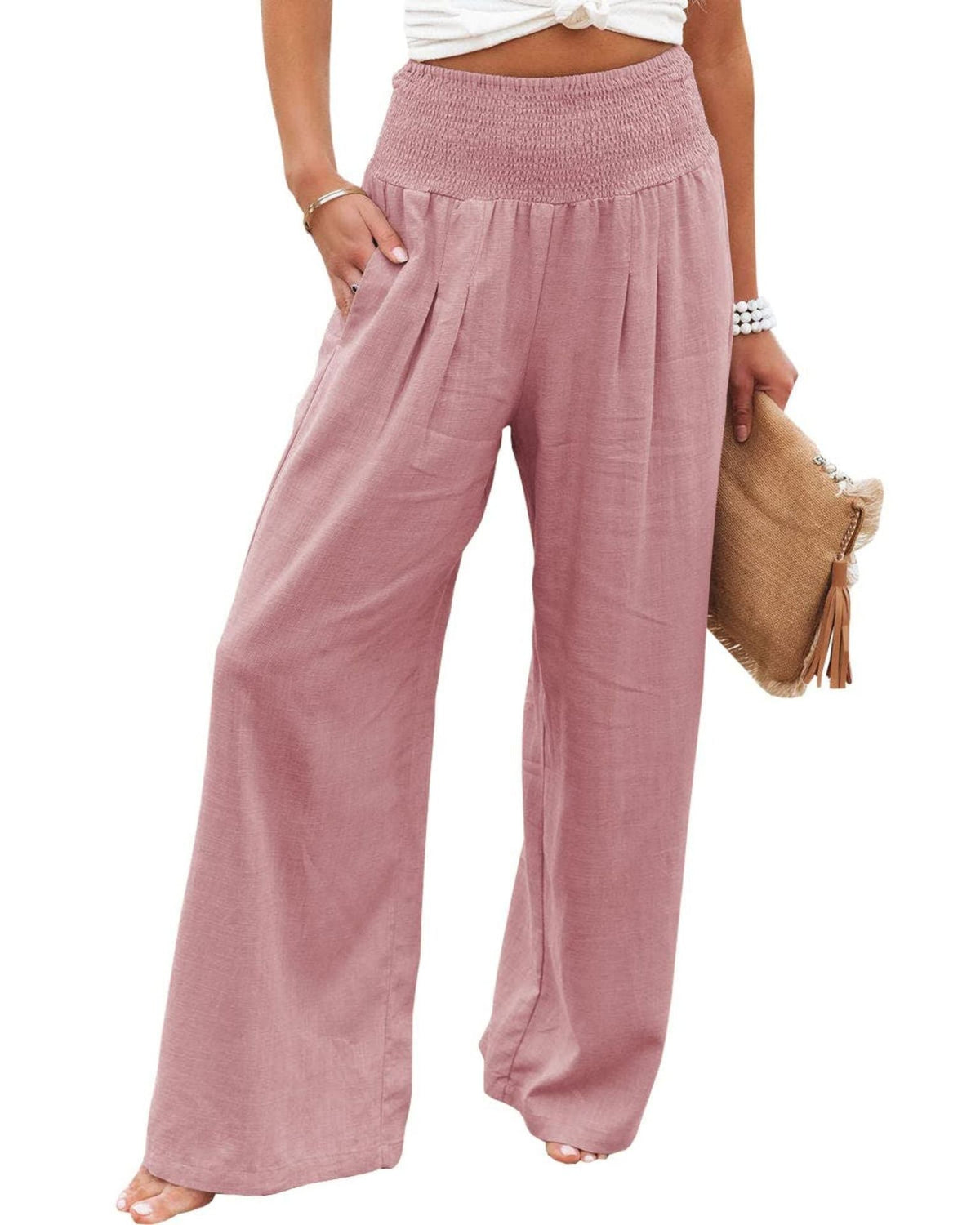 Wide Leg Pleated Linen Trousers with Elastic Waistband for Women
