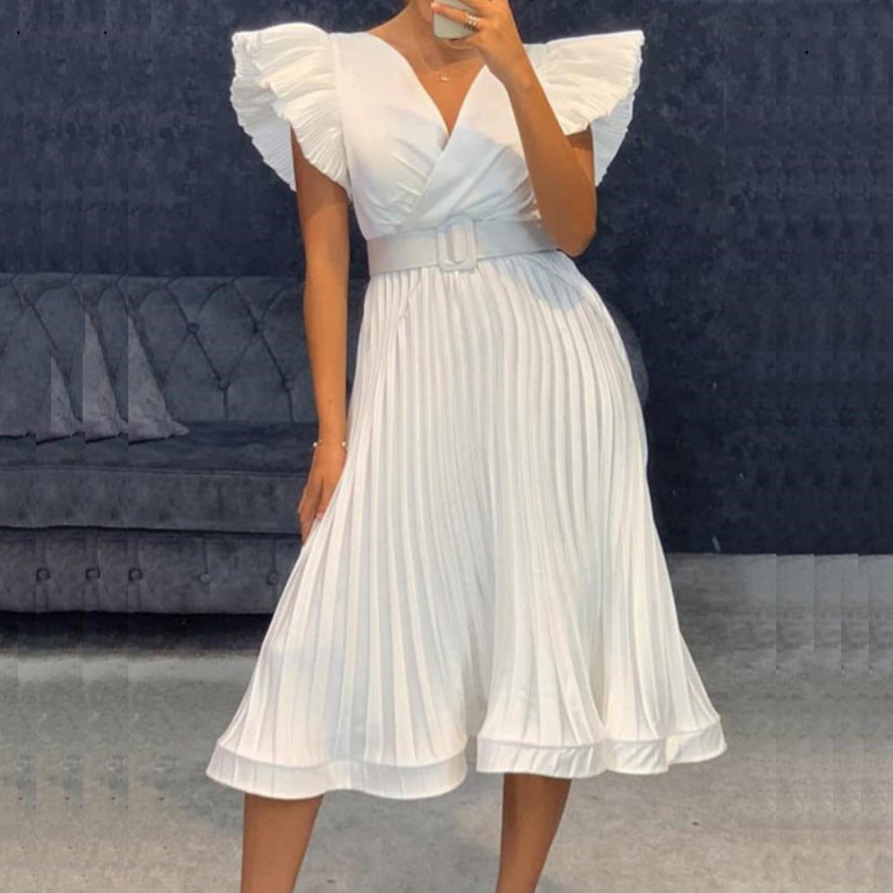 Pleated Belted Wrap Wedding Guest Midi Dress for Women
