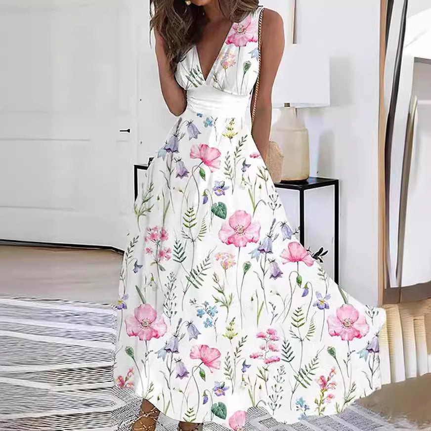 Floral V-Neck A-Line Wedding Guest Maxi Dress for Women