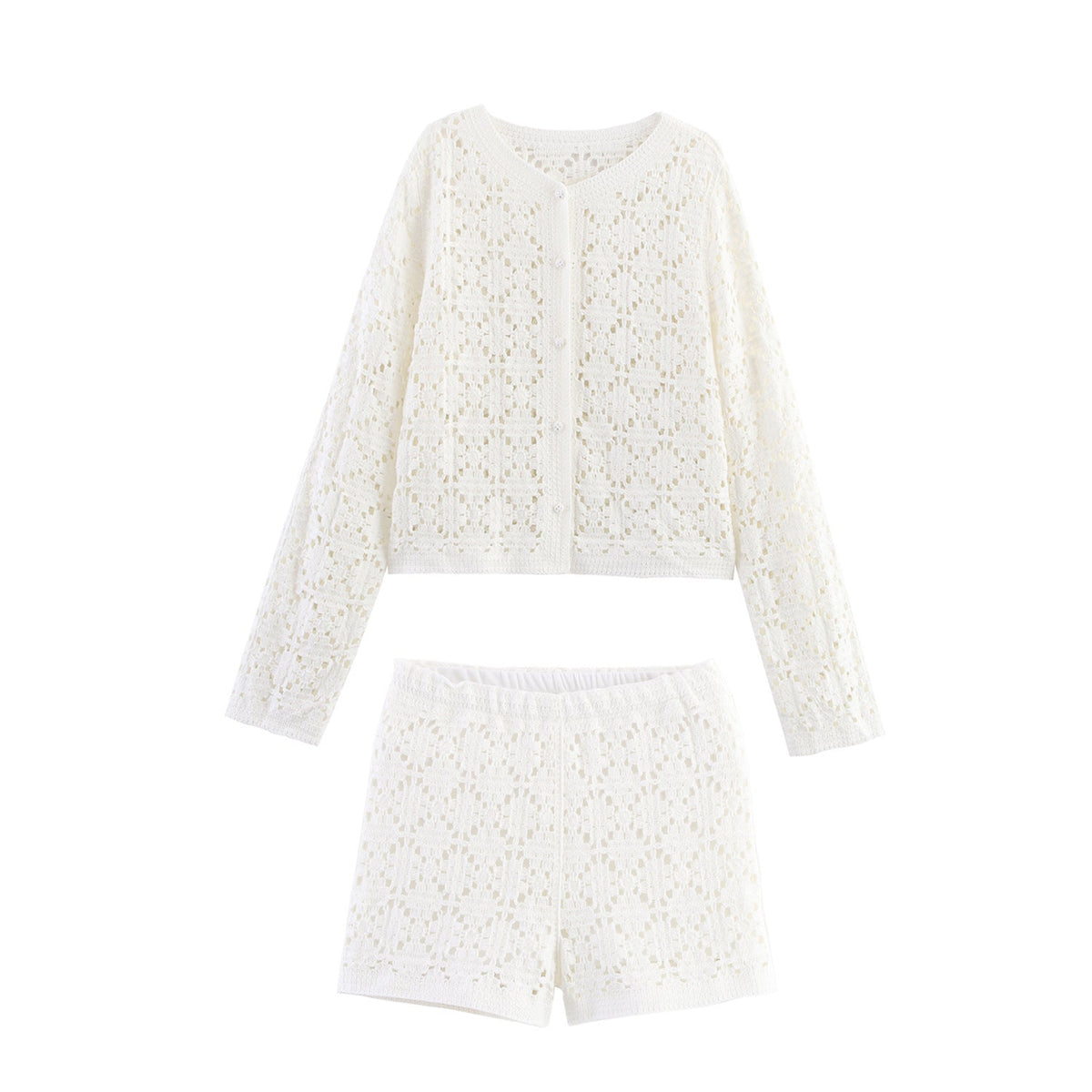 Cropped Crew Neck Crochet Co-Ord Shorts Set for Women