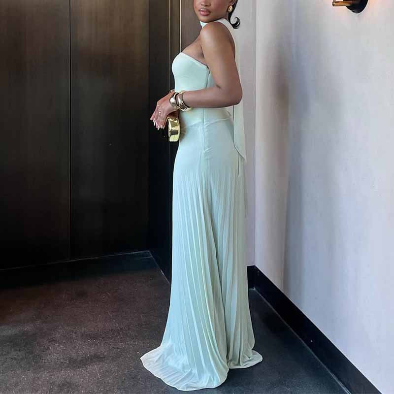Pleated Choker Neck Maxi Dress Wedding Guest for Women
