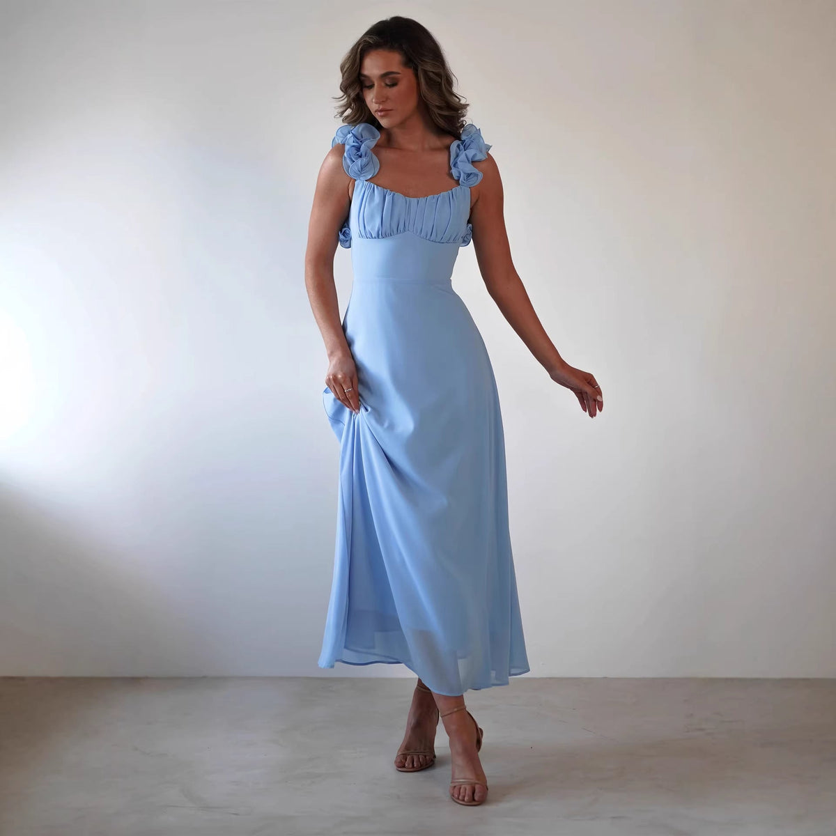 Ruffle Shoulder Wedding Guest Maxi Dress for Women