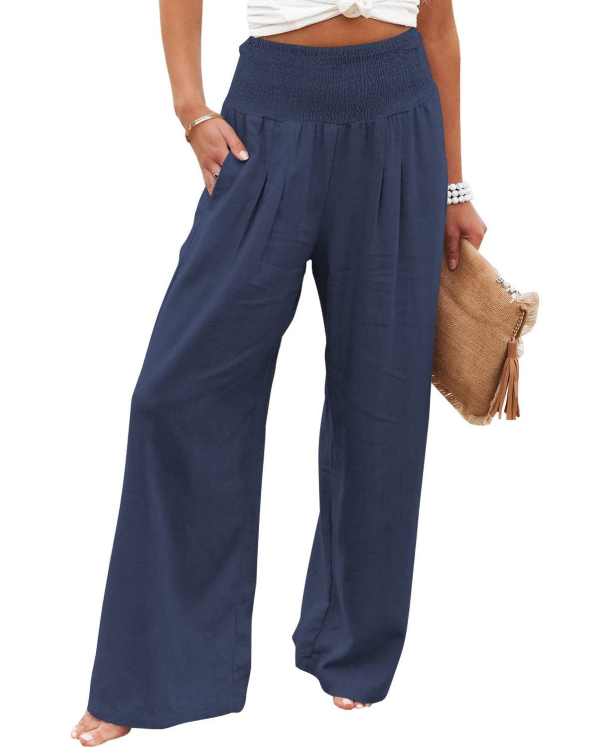 Wide Leg Pleated Linen Trousers with Elastic Waistband for Women