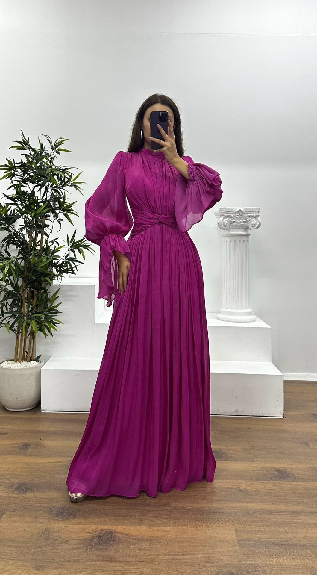 Pleated Long Sleeve Wedding Guest Maxi Dress for Women