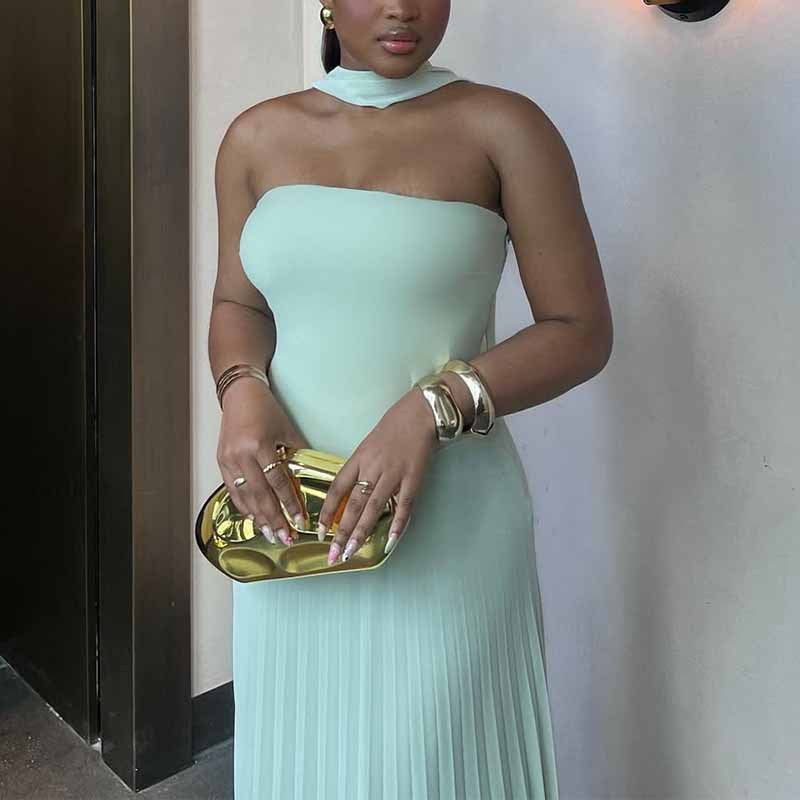 Pleated Choker Neck Maxi Dress Wedding Guest for Women