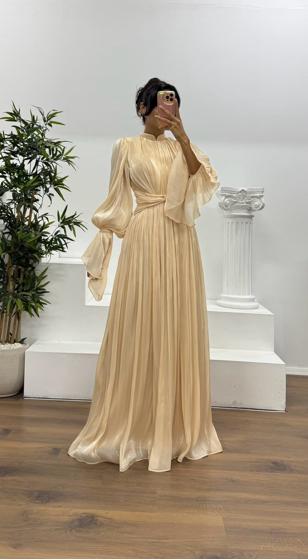 Pleated Long Sleeve Wedding Guest Maxi Dress for Women
