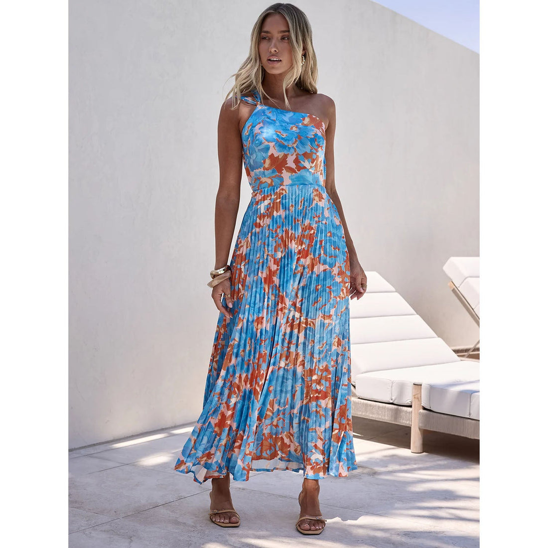 Halter Pleated Floral Wedding Guest Maxi Dress for Women