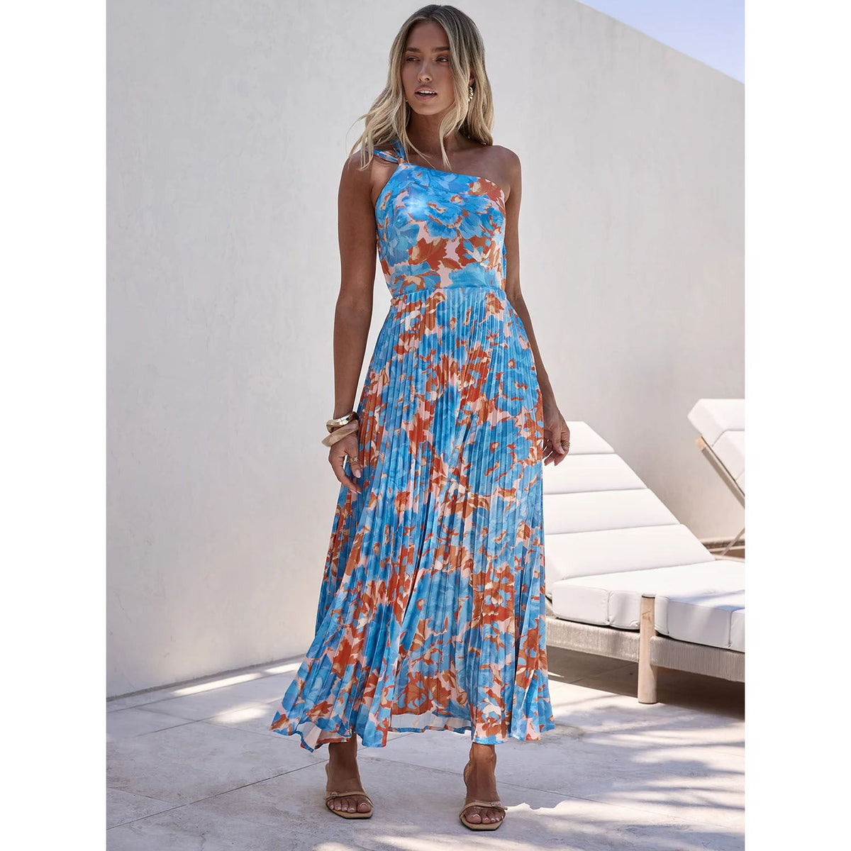 Halter Pleated Floral Wedding Guest Maxi Dress for Women