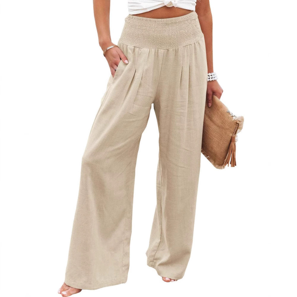 Wide Leg Pleated Linen Trousers with Elastic Waistband for Women