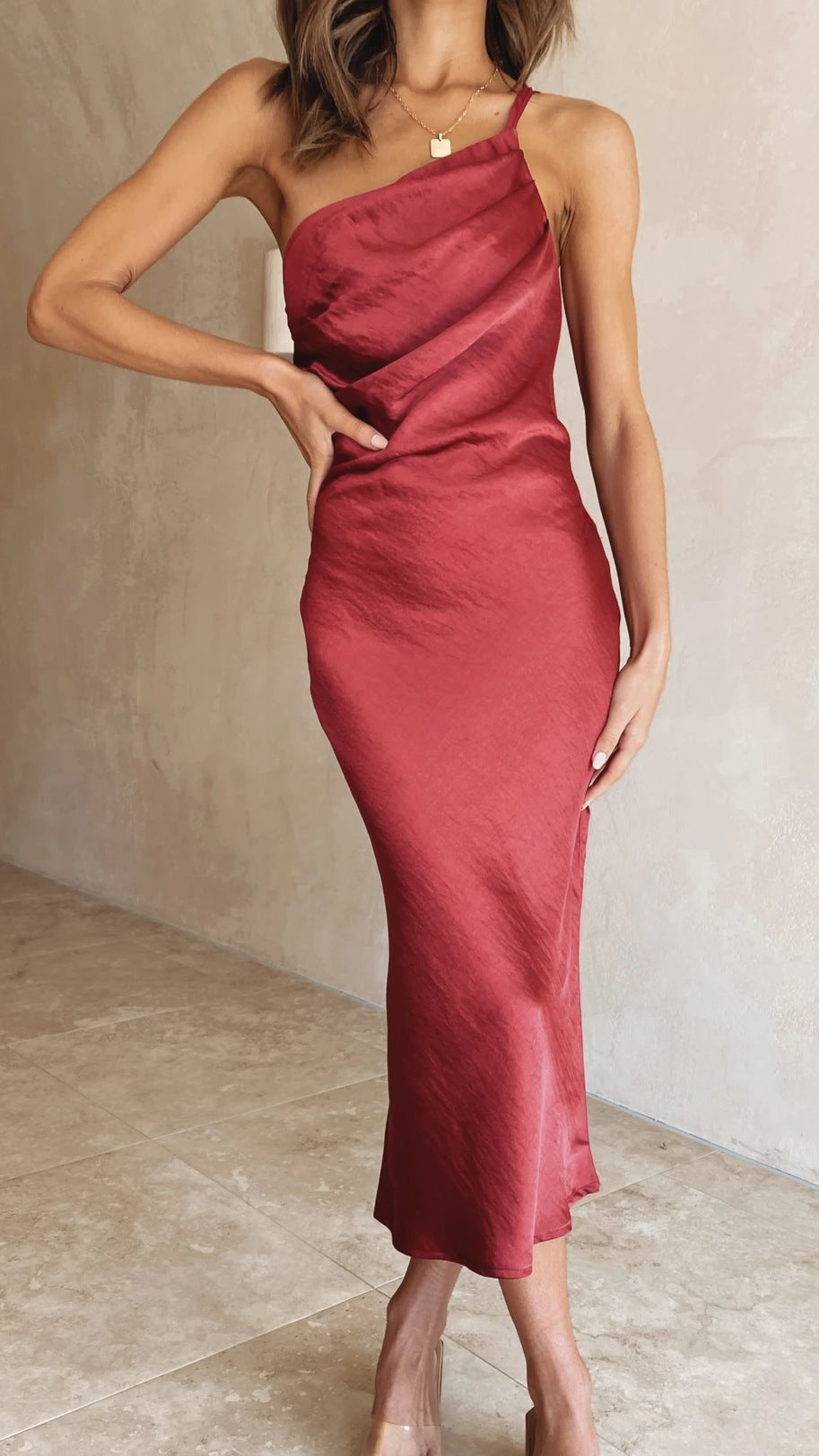 Asymmetrical One-Shoulder Satin Wedding Guest Midi Dress for Women