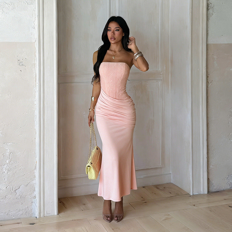 Strapless Wedding Guest Maxi Dress with Ruched Detail for Women