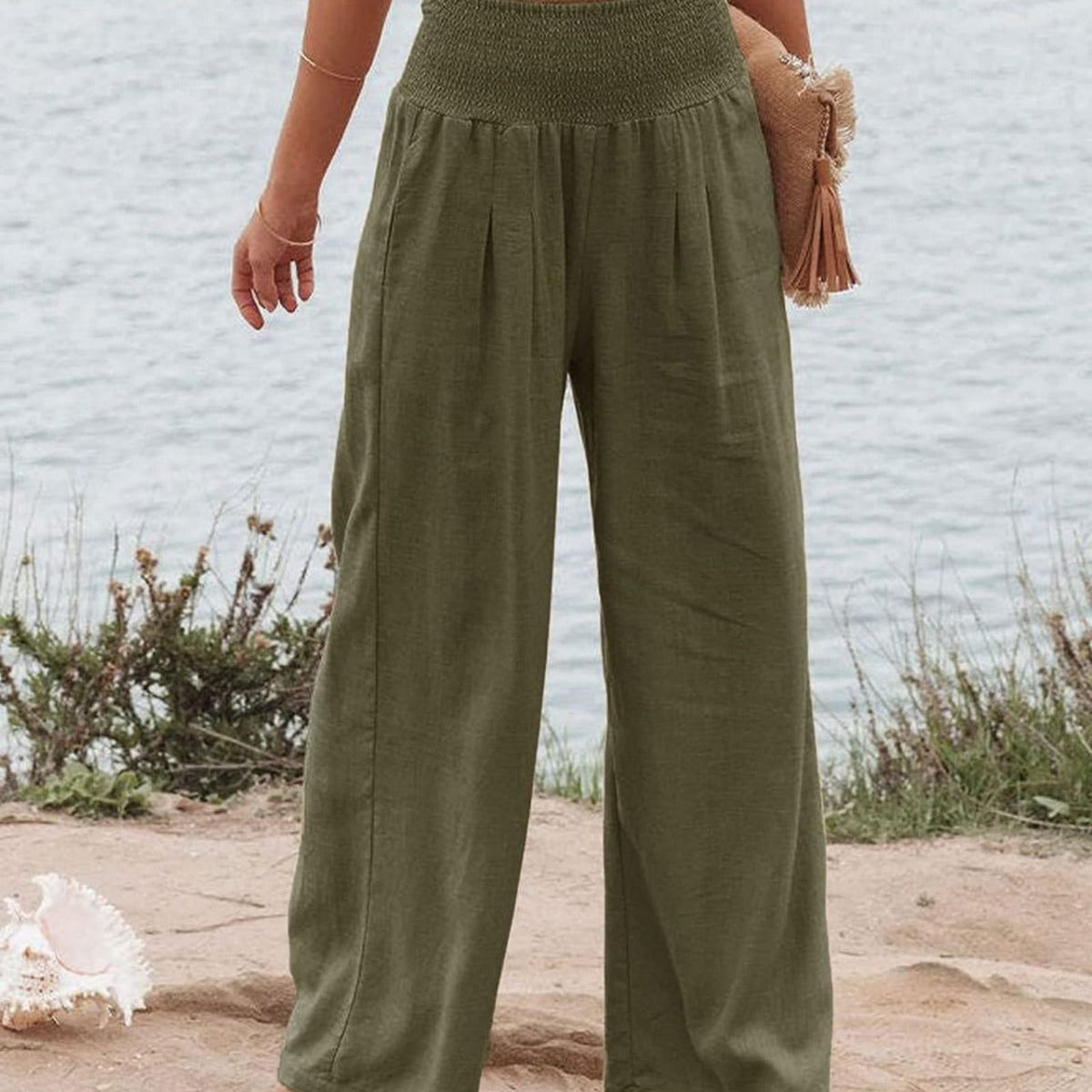 Wide Leg Pleated Linen Trousers with Elastic Waistband for Women