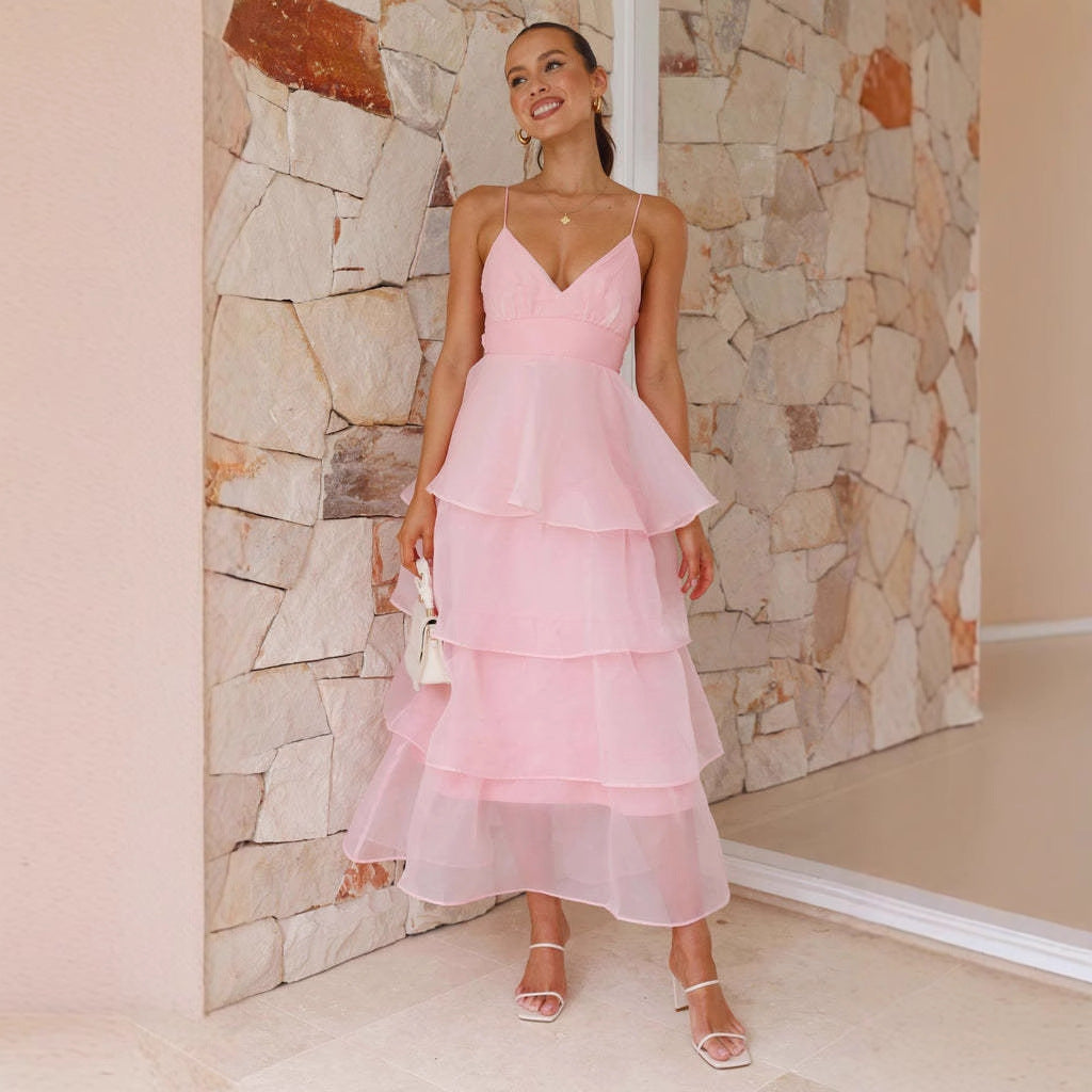 Tiered Spaghetti Strap Wedding Guest Maxi Dress for Women