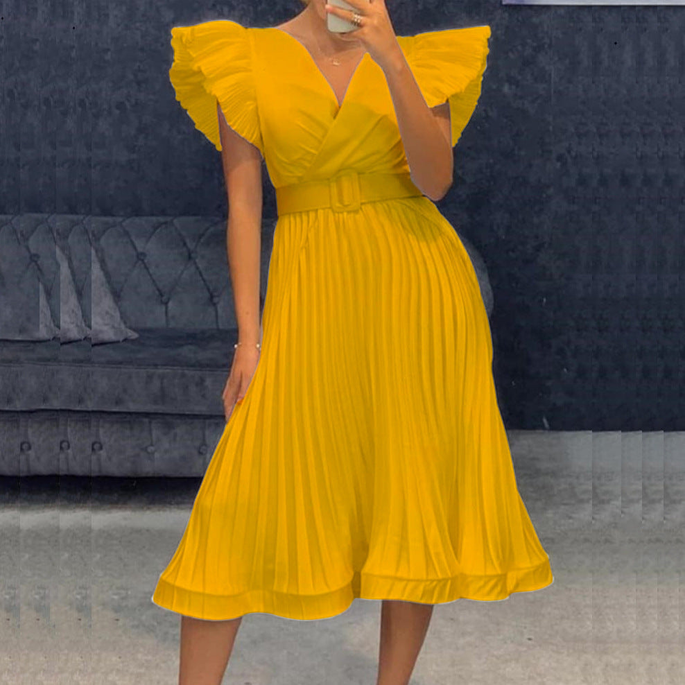 Pleated Belted Wrap Wedding Guest Midi Dress for Women