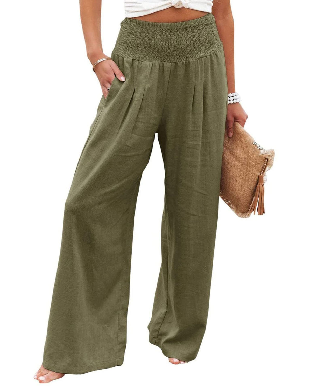 Wide Leg Pleated Linen Trousers with Elastic Waistband for Women
