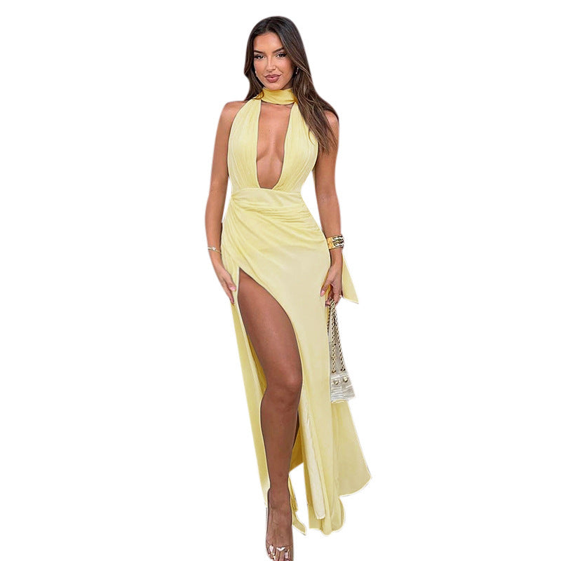 Deep V-Neck Wedding Guest Maxi Dress with High Slit for Women