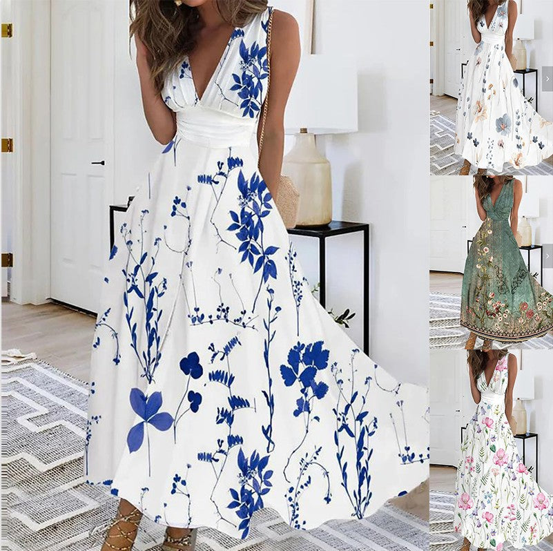 Floral V-Neck A-Line Wedding Guest Maxi Dress for Women