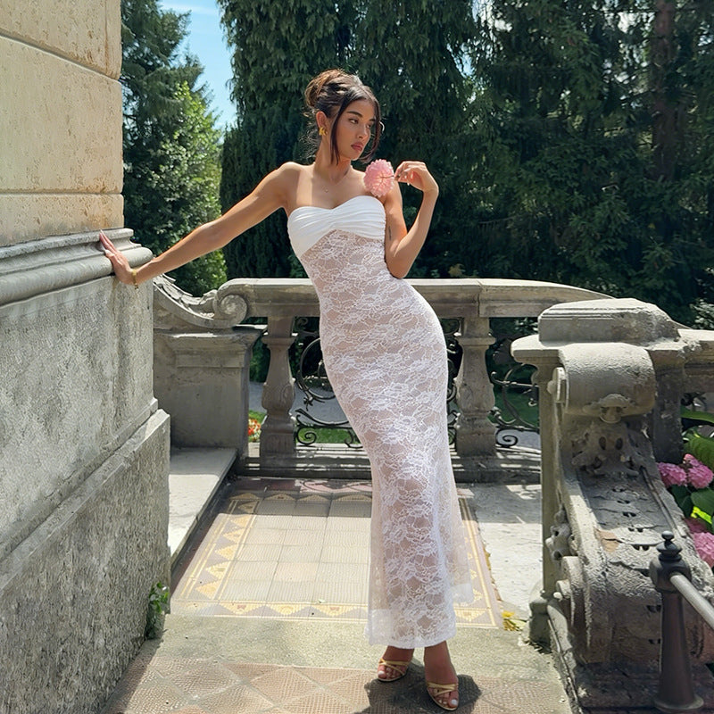 Strapless Wedding Guest Lace Maxi Dress for Women
