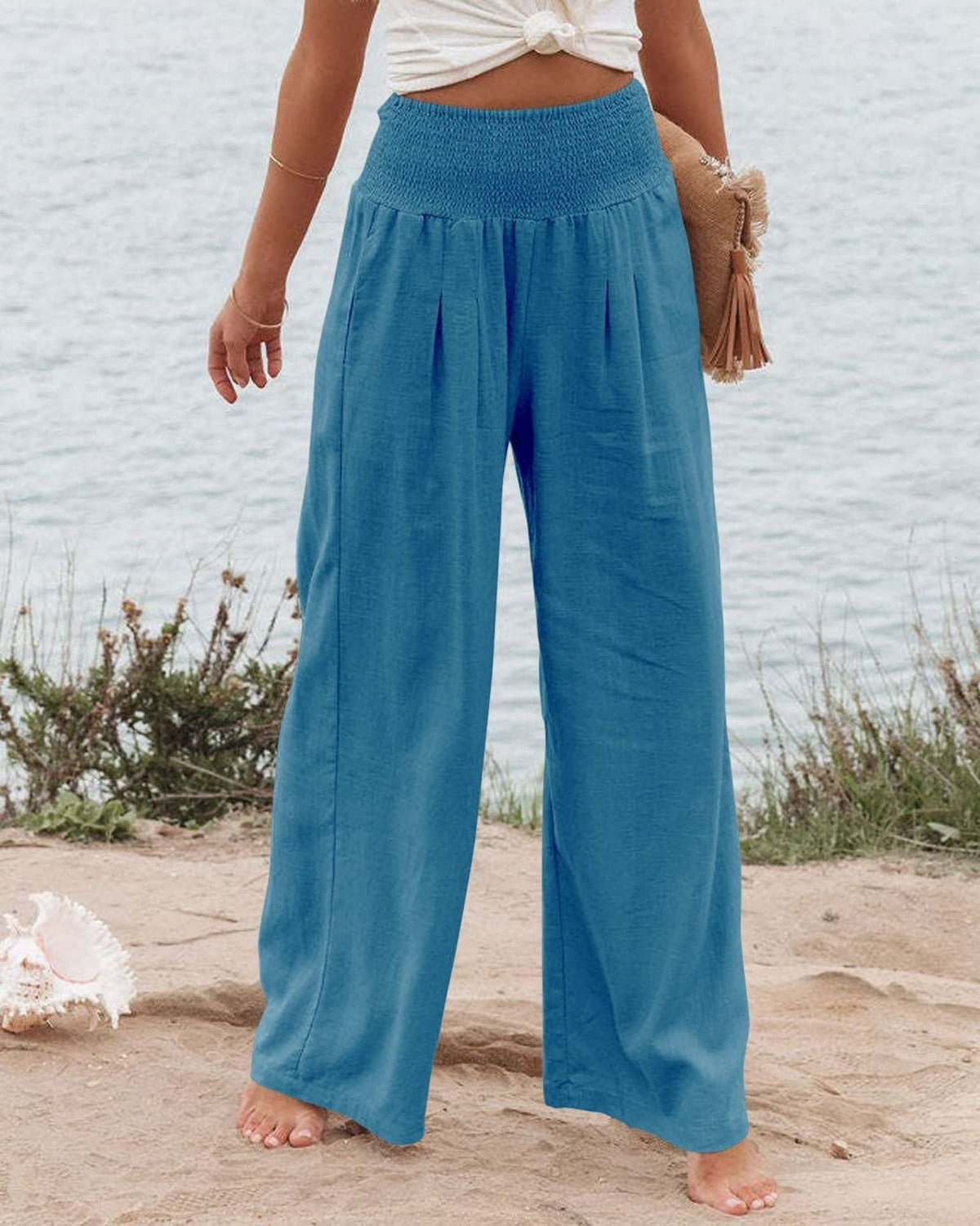 Wide Leg Pleated Linen Trousers with Elastic Waistband for Women