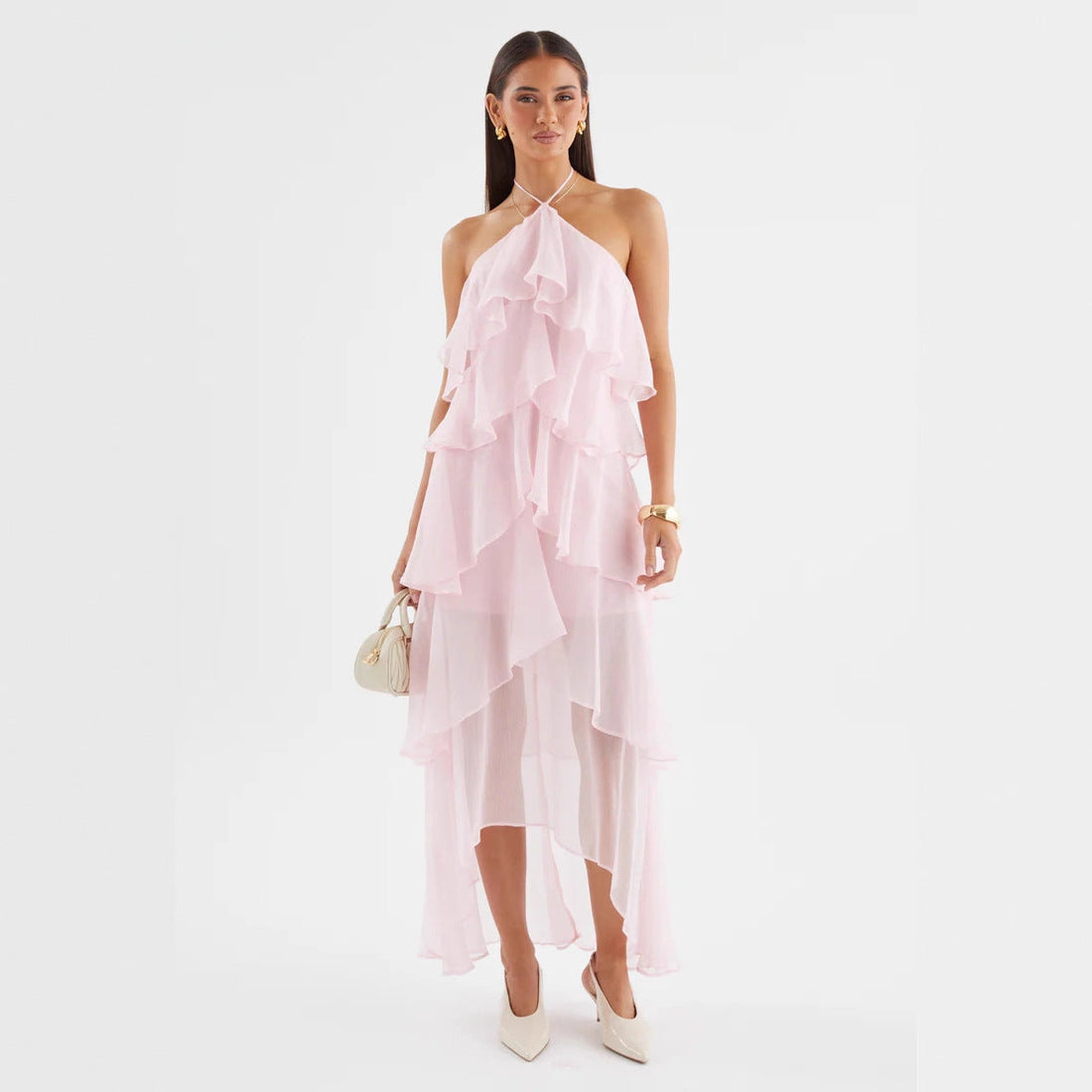 Halterneck Ruffle Maxi Dress Wedding Guest for Women