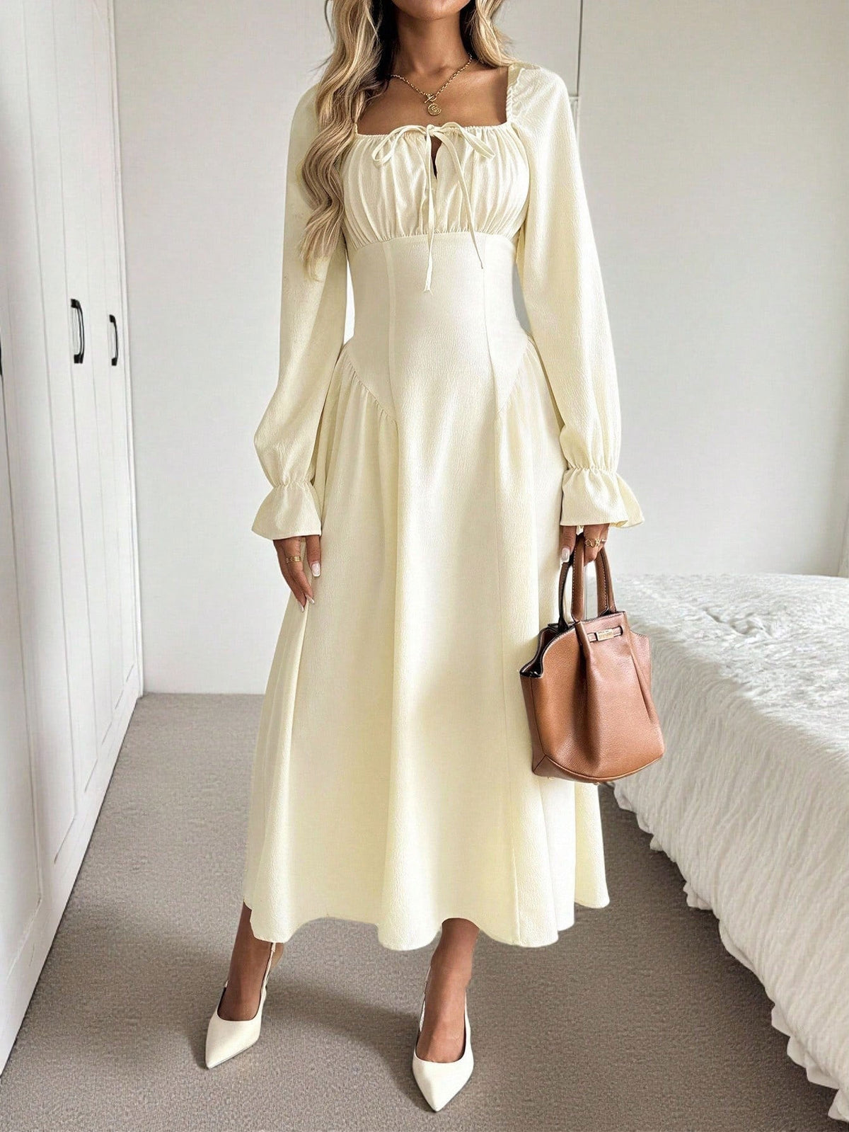 Square Neck Long Sleeve Wedding Guest Maxi Dress for Women
