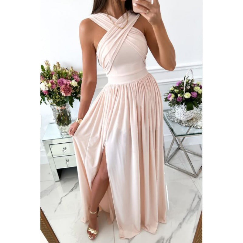 Sleeveless Halter Wedding Guest Maxi Dress with Split for Women