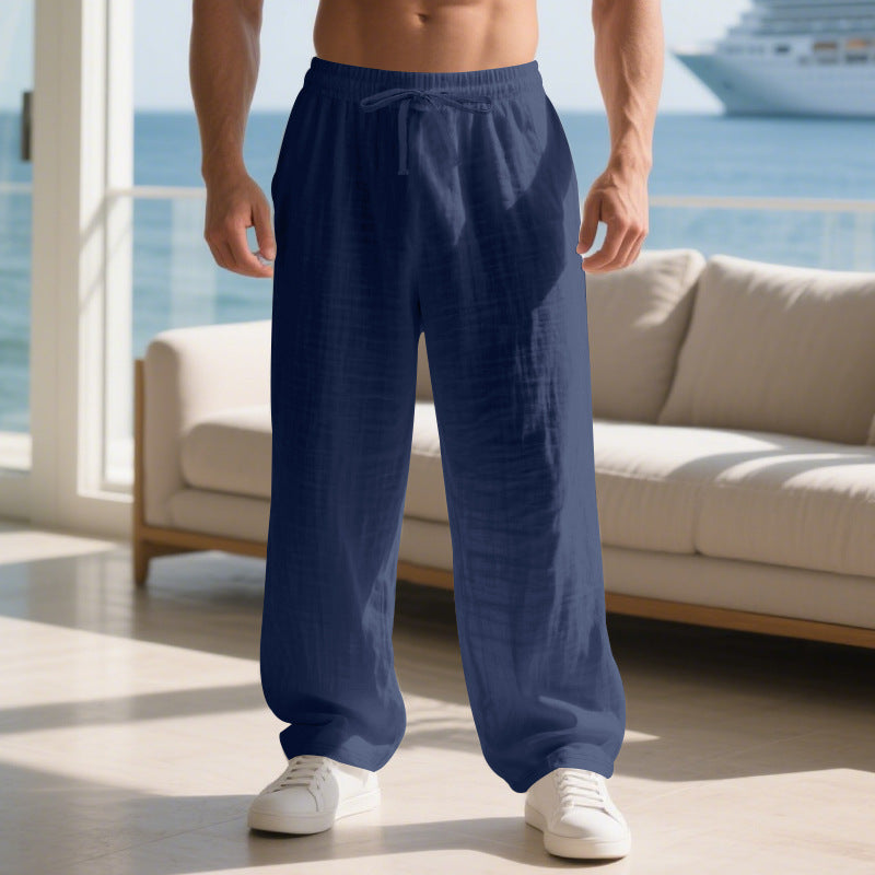Straight Leg Linen Trousers with Side Pockets for Men