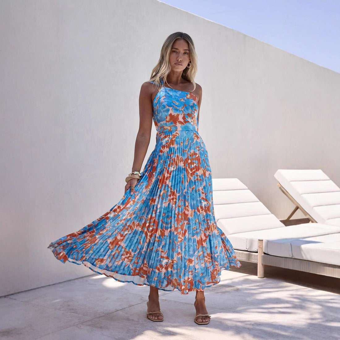 Halter Pleated Floral Wedding Guest Maxi Dress for Women