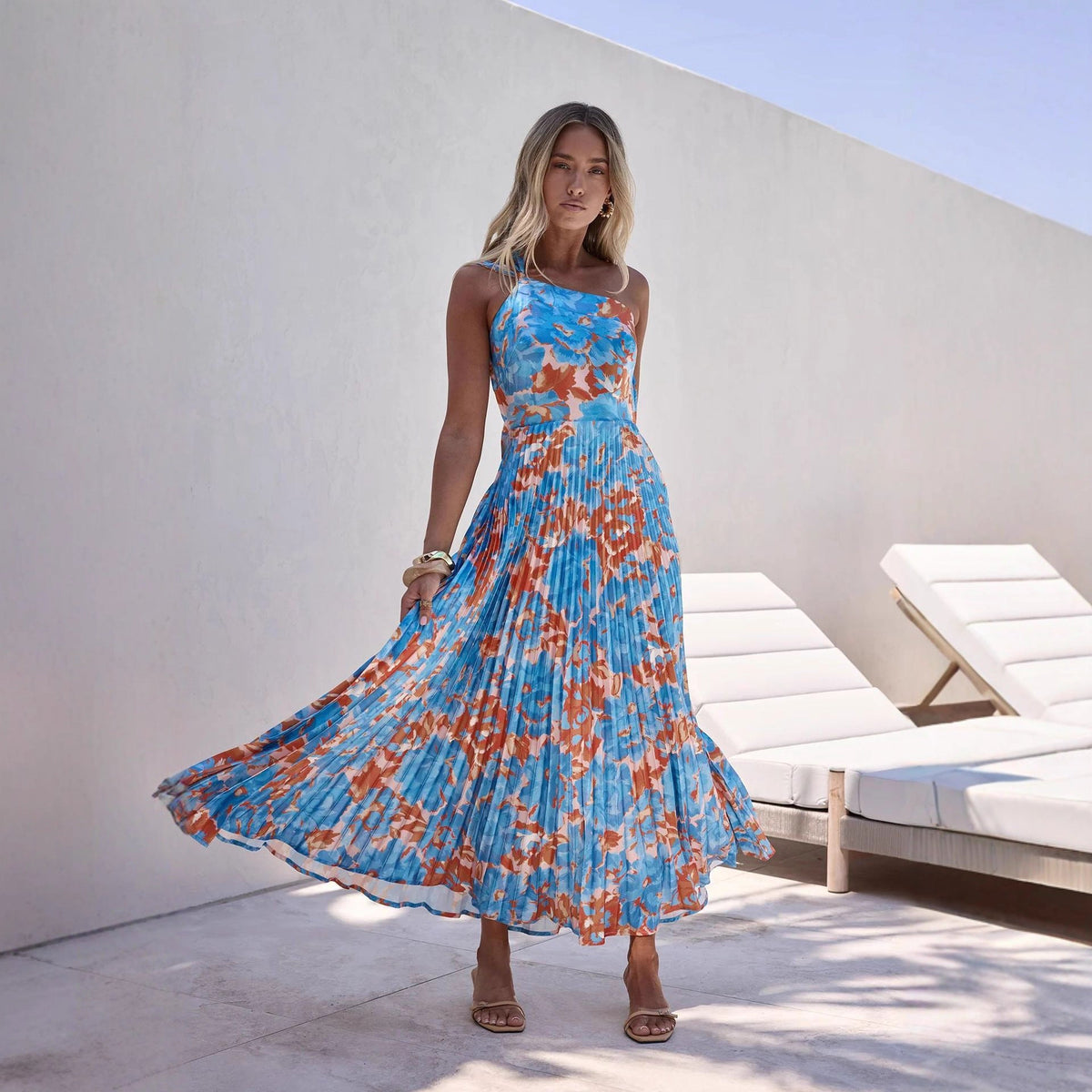 Halter Pleated Floral Wedding Guest Maxi Dress for Women