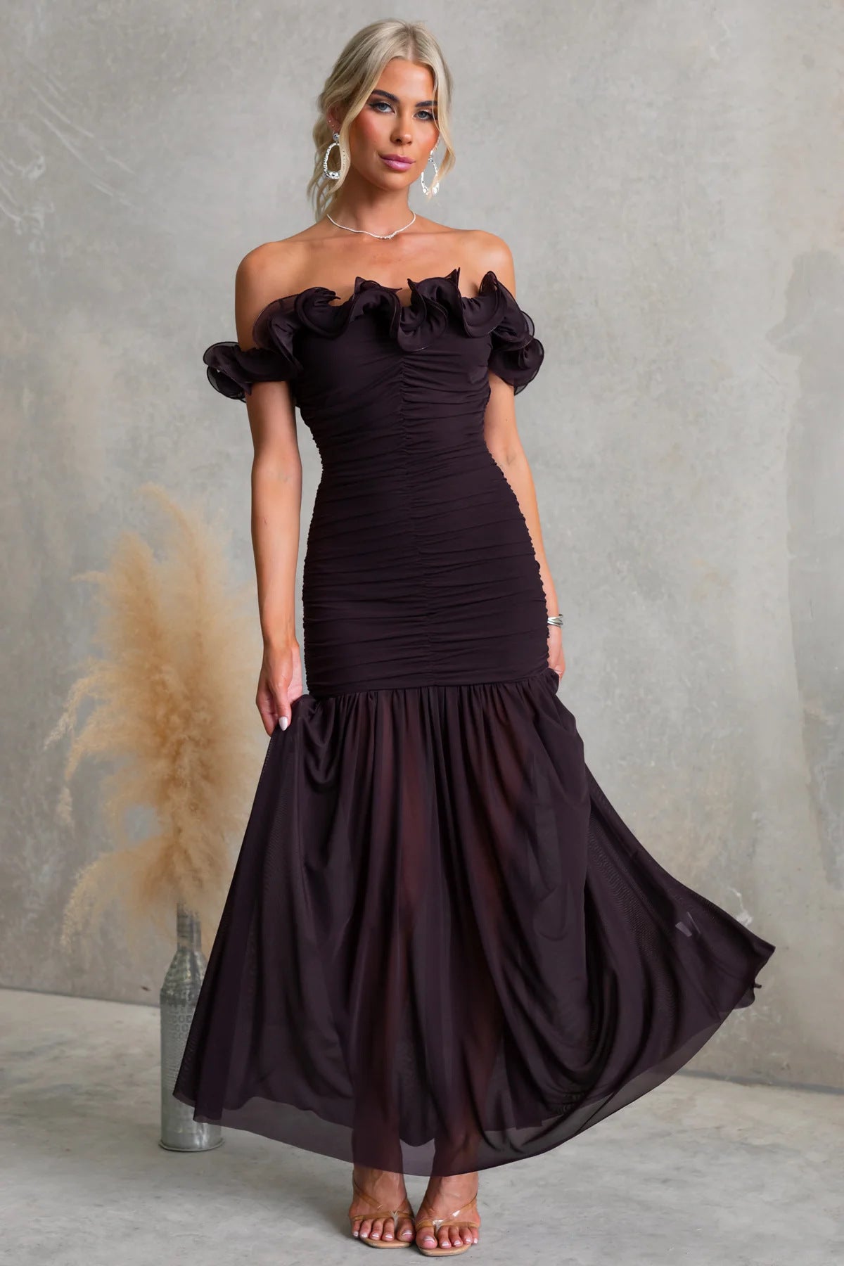 Off-Shoulder Wedding Guest Maxi Dress with Ruffle Details for Women