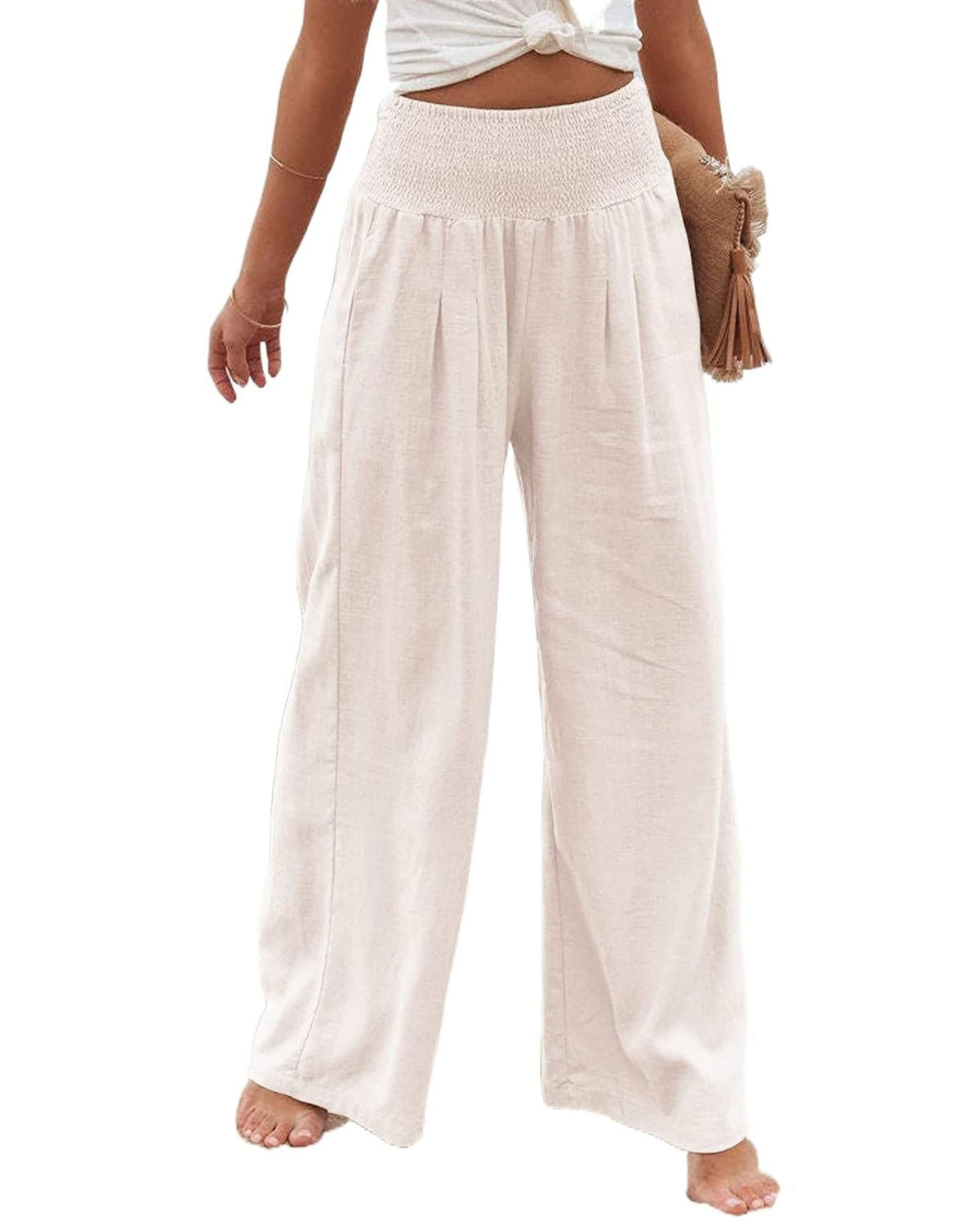 Wide Leg Pleated Linen Trousers with Elastic Waistband for Women